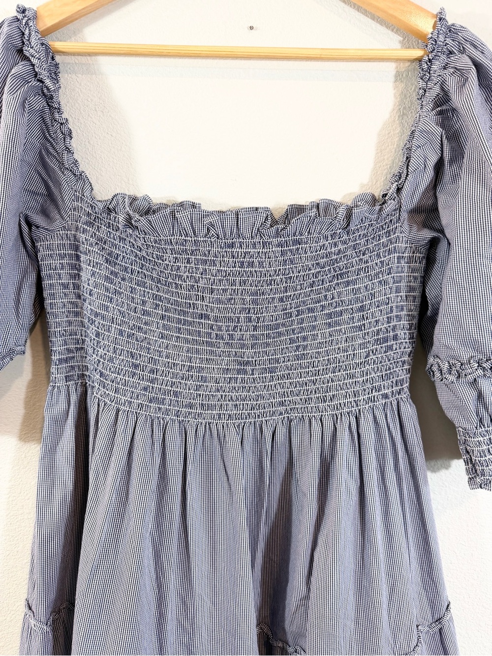 Hill House Nesli Nap Dress Size L Blue White Gingham Tiered Midi Puff Sleeve - Picture 5 of 10